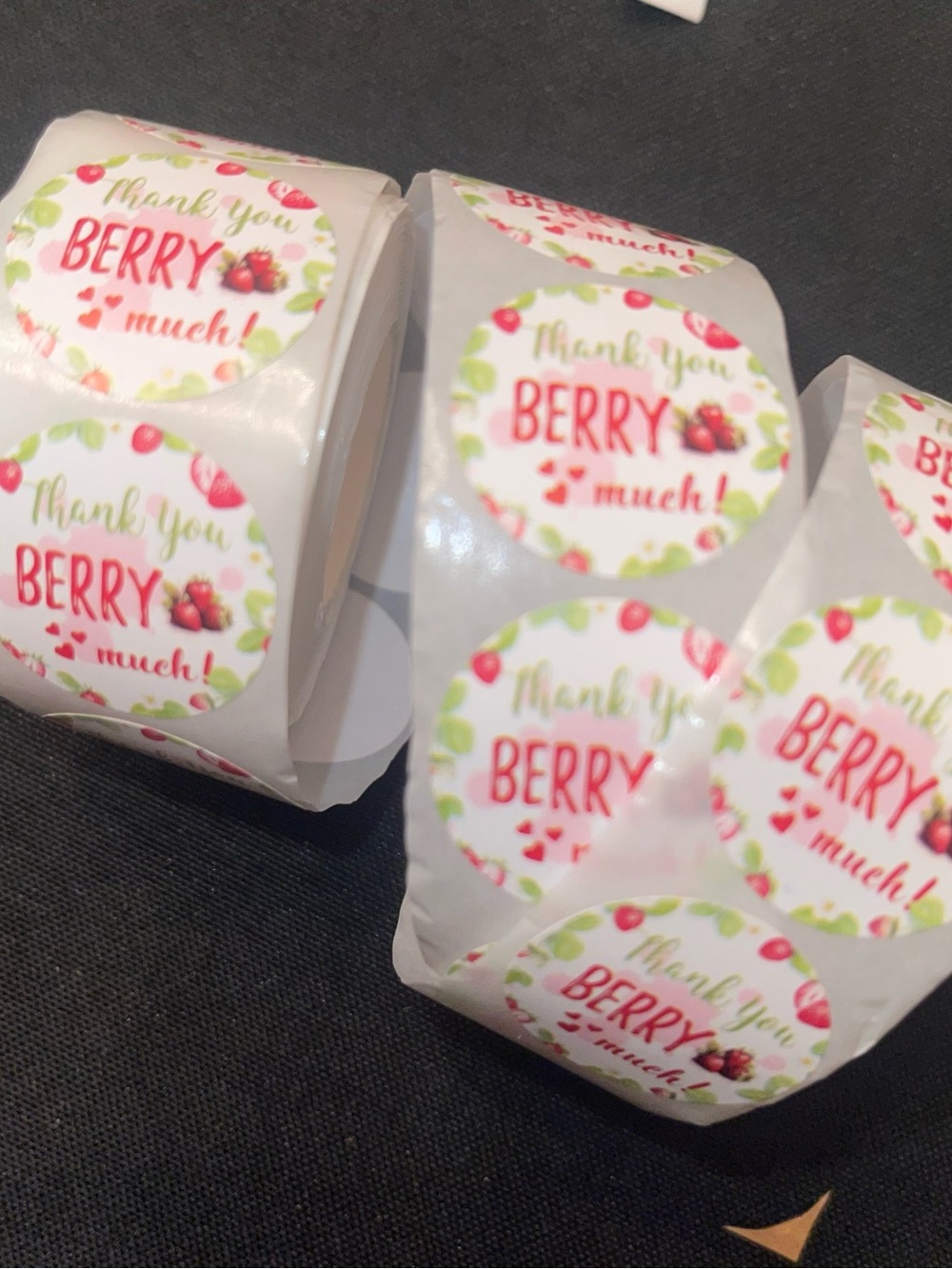 50 Thank You "Berry Much" Round Sticker Labels - Red/Green 1”